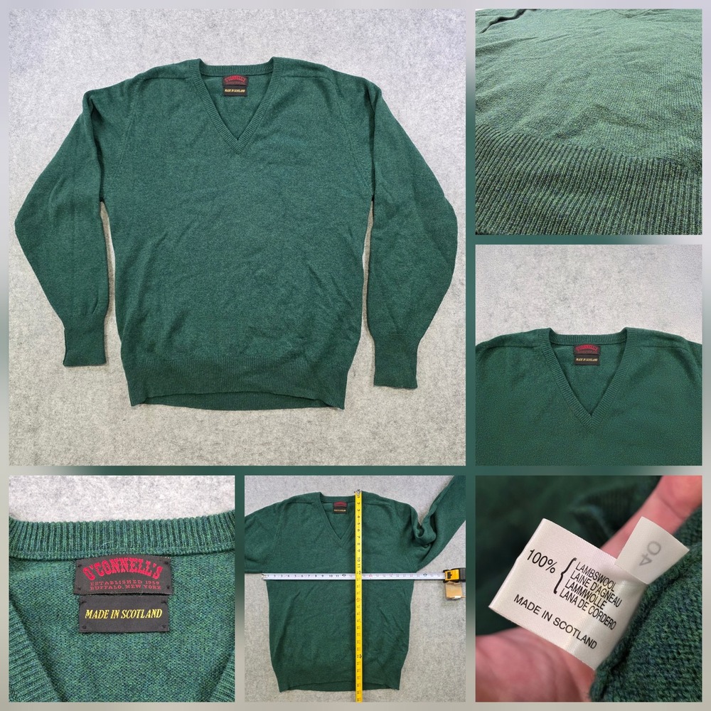 O'Connell's Sweater Mens Medium Green Lambswool V Neck Knit Scotland Pullover